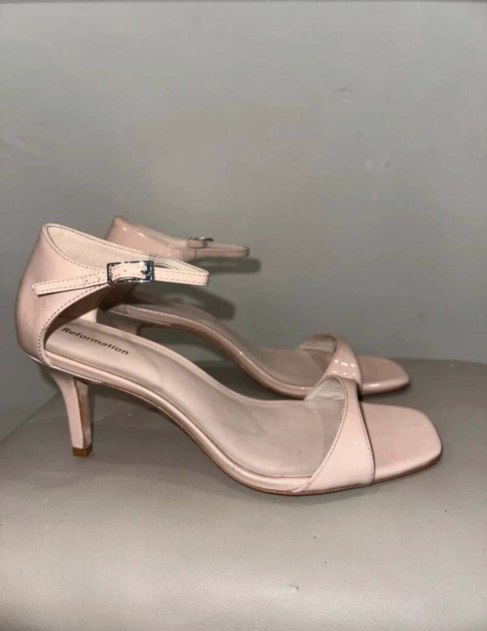 Reformation Ankle Strap Sandal Heel Pink Patent Leather